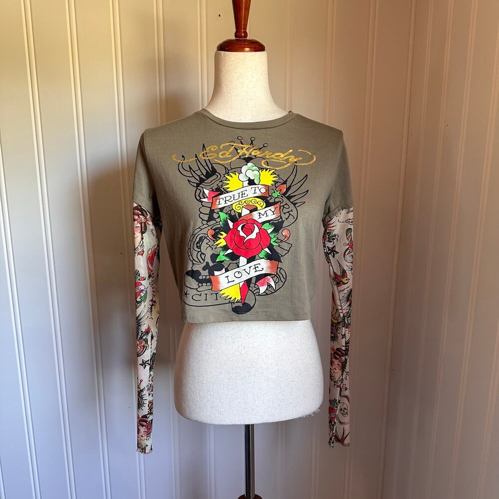 Ed Hardy Tattoo Sleeve Crop Top L